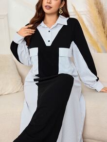 Lacomfia Plus Size Women's Patchwork Striped Long Sleeve Casual Dress - Black and White - View 8
