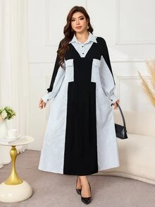 Lacomfia Plus Size Women's Patchwork Striped Long Sleeve Casual Dress - Black and White - View 4