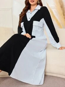 Lacomfia Plus Size Women's Patchwork Striped Long Sleeve Casual Dress - Black and White - View 7
