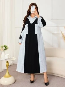 Lacomfia Plus Size Women's Patchwork Striped Long Sleeve Casual Dress - Black and White - View 6