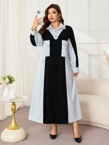 Lacomfia Plus Size Women's Patchwork Striped Long Sleeve Casual Dress - Black and White - View 5