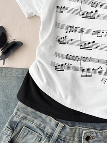 Camiseta de manga corta casual y retro de 2 en 1 para adolescentes - Blanco y Negro - Ver 4
