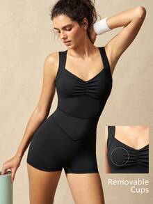 VARSIVA Women's Solid Color Back Mesh Patchwork Athletic Romper Shorts - Black - View 10