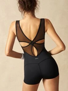 VARSIVA Women's Solid Color Back Mesh Patchwork Athletic Romper Shorts - Black - View 12