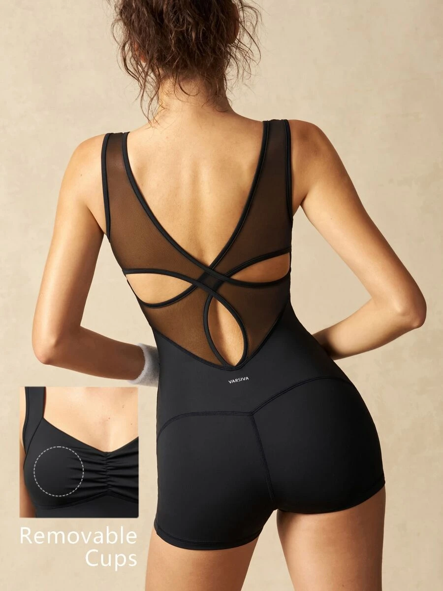 VARSIVA Women's Solid Color Back Mesh Patchwork Athletic Romper Shorts - Black - View 1