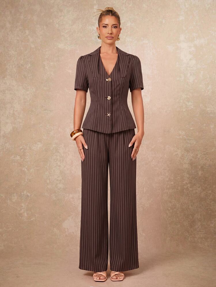 Lumalex Elegant Pale Brown Stripes Women Short Sleeve Blazer And Pants Set,Office,Work Commuter High Waist Straight Suit,V-Neck Waist Cinched Quiet Luxe Prom - Brown - View 11