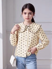 SHEIN 少女可愛休閒百搭學院風白色波點長袖彼得潘領襯衫，適合少女返校、旅行、運動 - 杏色 - 查看 8