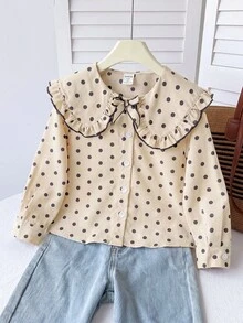 SHEIN 少女可愛休閒百搭學院風白色波點長袖彼得潘領襯衫，適合少女返校、旅行、運動 - 杏色 - 查看 6