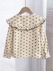 SHEIN 少女可愛休閒百搭學院風白色波點長袖彼得潘領襯衫，適合少女返校、旅行、運動 - 杏色 - 查看 3