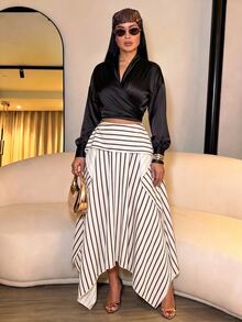 SOLERSUN 女款休閒優雅黑白格紋解構雙層不對稱中長裙，適合日常穿著、度假、秋季 - 杏色 - 查看 9