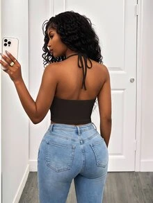 BamGleam Women's Solid Color Hollow Out Halter Backless Sexy Tank Top - Black - View 3