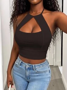 BamGleam Women's Solid Color Hollow Out Halter Backless Sexy Tank Top - Black - View 4