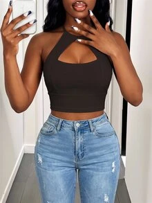 BamGleam Women's Solid Color Hollow Out Halter Backless Sexy Tank Top - Black - View 7
