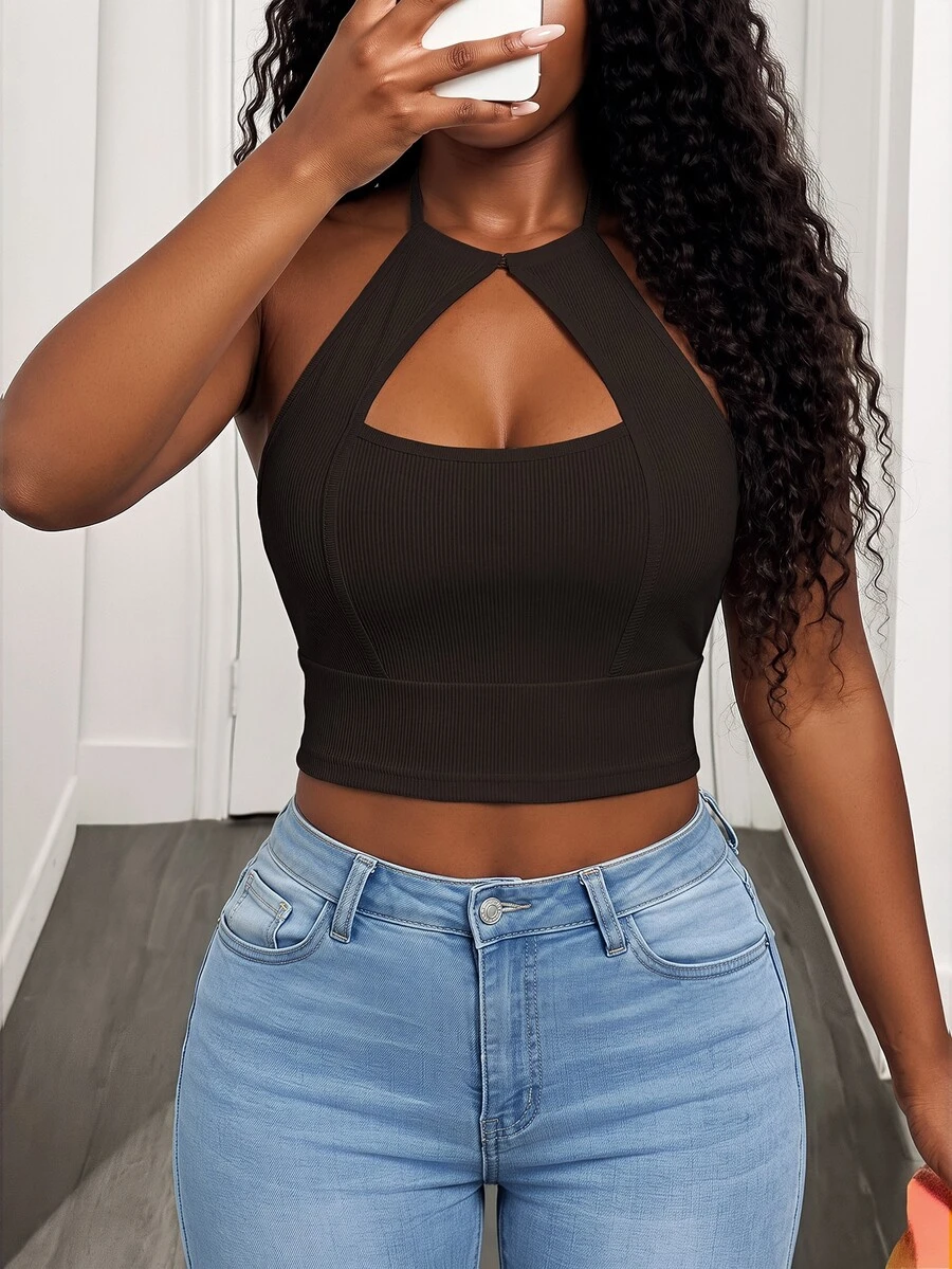 BamGleam Women's Solid Color Hollow Out Halter Backless Sexy Tank Top