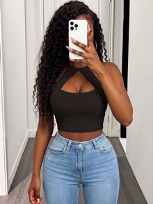 BamGleam Women's Solid Color Hollow Out Halter Backless Sexy Tank Top - Black - View 6
