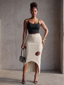 BamGlimmer 女款素色鏤空休閒日常針織裙 - 米色 - 查看 5