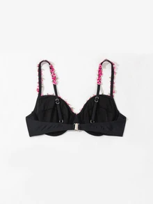 Swim Mod Women Floral Applique Decoration Bikini Swimwear Top For Vacation,Summer Beach - Black - View 3