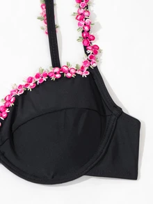 Swim Mod Women Floral Applique Decoration Bikini Swimwear Top For Vacation,Summer Beach - Black - View 5