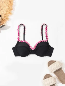 Swim Mod Women Floral Applique Decoration Bikini Swimwear Top For Vacation,Summer Beach - Black - View 4