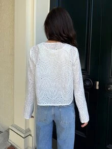Serisse Women's Hollow Embroidery Long Sleeve Front Tie Lightweight Jacket - White - View 2