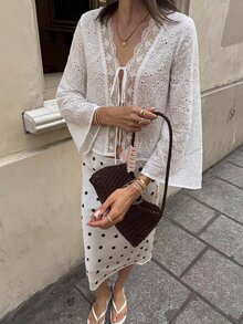Serisse Women's Hollow Embroidery Long Sleeve Front Tie Lightweight Jacket - White - View 3
