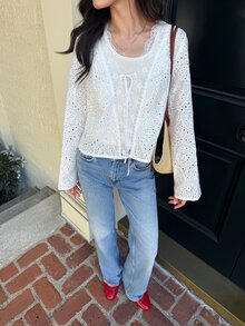 Serisse Women's Hollow Embroidery Long Sleeve Front Tie Lightweight Jacket - White - View 6
