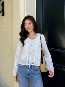 Serisse Women's Hollow Embroidery Long Sleeve Front Tie Lightweight Jacket - White - View 4
