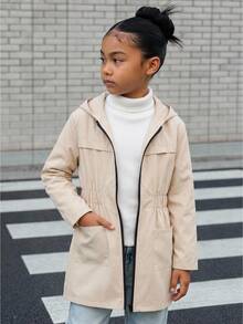 SHEIN 兒童青少年女孩時尚休閒秋冬拼接色拉鍊口袋收腰中長夾克，秋季冬季返校萬聖節節慶款 - 卡其色 - 查看 1