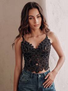 Anewsta Black Heavy Gold Thread Embroidered Hollow V-Neck Cropped Tank Top For Women - Black - View 5