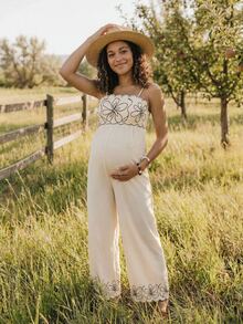 Boho Mama Maternity Jumpsuit,Boho Floral Embroidered Linen Wide Leg Romper,Backless Tie-Front Summer Outfit For Holiday Beach Photoshoot,Blue Butterfly Style - Khaki - View 2