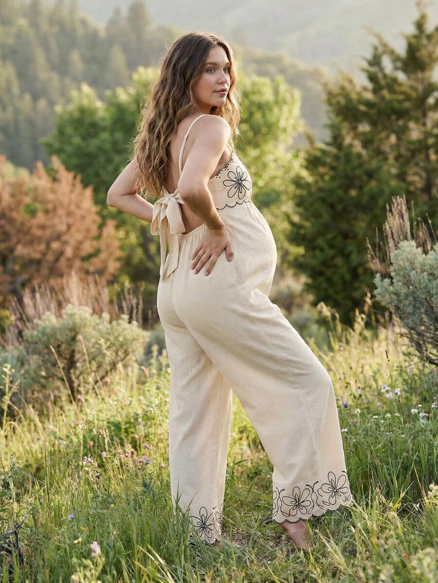 Boho Mama Maternity Jumpsuit,Boho Floral Embroidered Linen Wide Leg Romper,Backless Tie-Front Summer Outfit For Holiday Beach Photoshoot,Blue Butterfly Style - Khaki - View 1