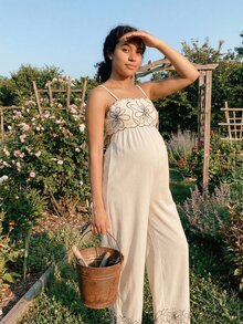 Boho Mama Maternity Jumpsuit,Boho Floral Embroidered Linen Wide Leg Romper,Backless Tie-Front Summer Outfit For Holiday Beach Photoshoot,Blue Butterfly Style - Khaki - View 3