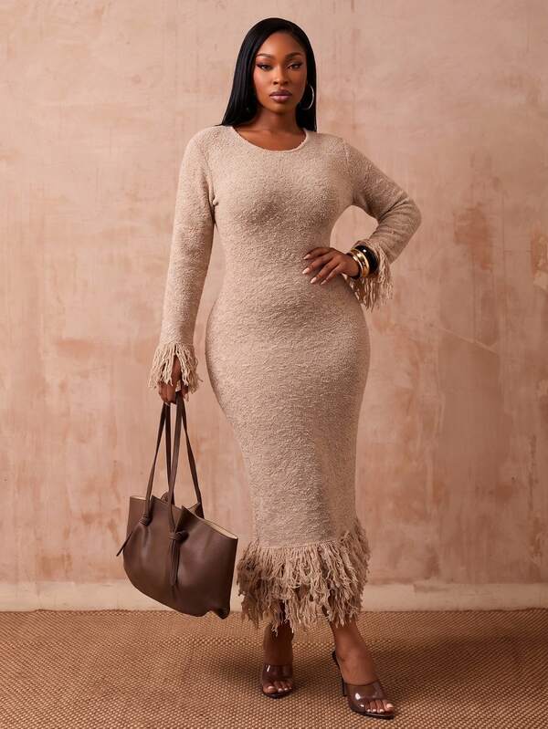 Radiana Curve Plus Size Khaki Textured Knit Tassel Fitted Long Sweater Dress Autumn/ Elegant Vacation Evening Soul Ties Formal Evening Wedding Guest