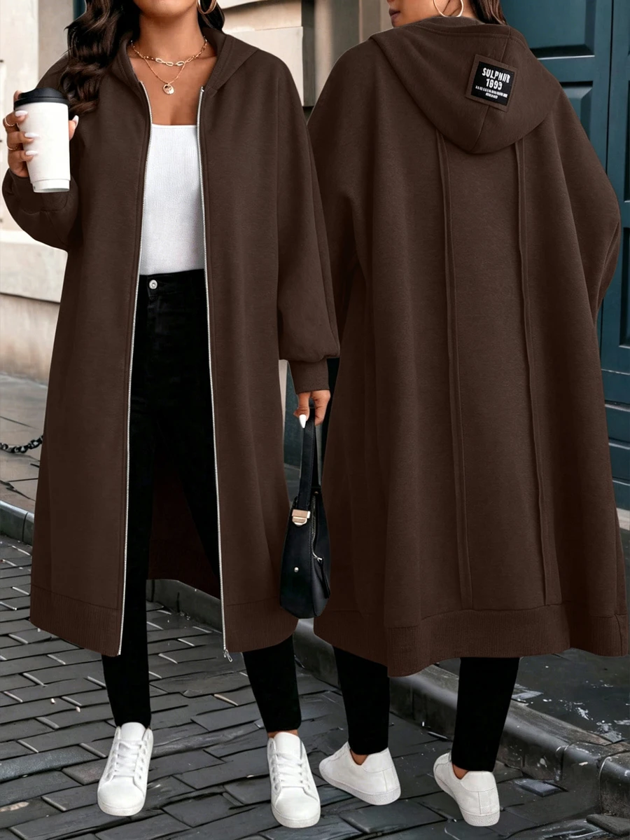 EMERY ROSE Jaket Wanita Ukuran Besar Lengan Panjang dengan Resleting dan Tudung, Warna Cokelat Bandara, Musim Gugur