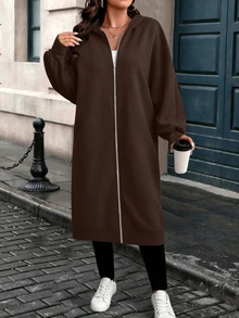 EMERY ROSE Jaket Wanita Ukuran Besar Lengan Panjang dengan Resleting dan Tudung, Warna Cokelat Bandara, Musim Gugur - Coffee Brown - View 6