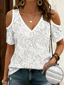 EMERY ROSE Lace Print Pattern V-Neck Off-Shoulder Short Sleeve T-Shirt - Multicolor - View 1