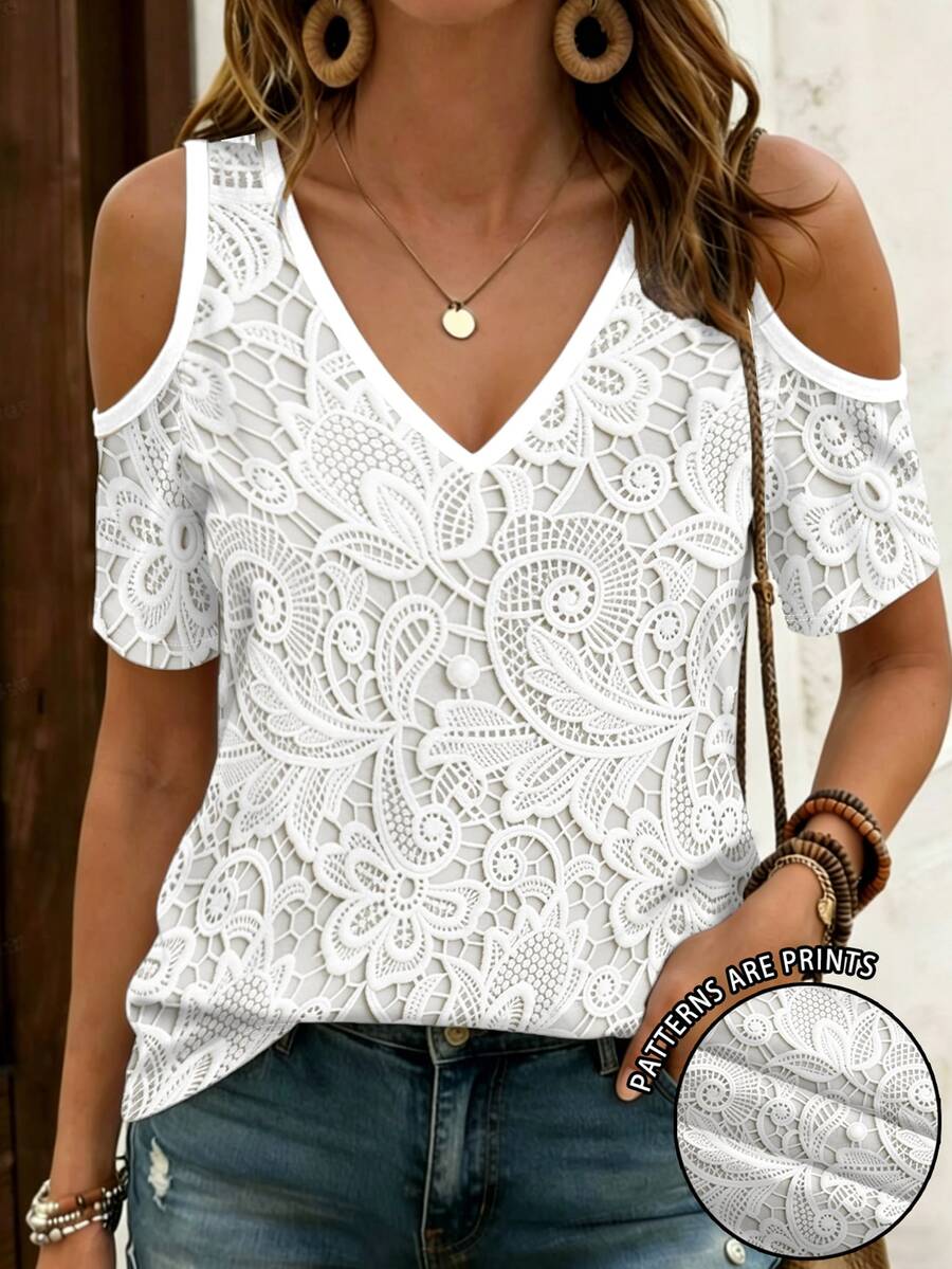 EMERY ROSE Lace Print Pattern V-Neck Off-Shoulder Short Sleeve T-Shirt - Multicolor - View 1