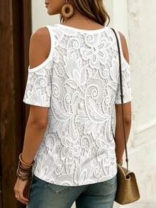 EMERY ROSE Lace Print Pattern V-Neck Off-Shoulder Short Sleeve T-Shirt - Multicolor - View 2