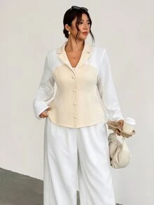 Firerie Plus Size Women's Colorblock Single-Breasted Casual Commute Travel Blazer Summer Elegant Office Brunch Business Work Going Out White - Apricot - View 9
