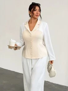 Firerie Plus Size Women's Colorblock Single-Breasted Casual Commute Travel Blazer Summer Elegant Office Brunch Business Work Going Out White - Apricot - View 5