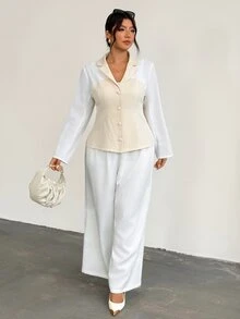Firerie Plus Size Women's Colorblock Single-Breasted Casual Commute Travel Blazer Summer Elegant Office Brunch Business Work Going Out White - Apricot - View 10