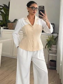 Firerie Plus Size Women's Colorblock Single-Breasted Casual Commute Travel Blazer Summer Elegant Office Brunch Business Work Going Out White - Apricot - View 3