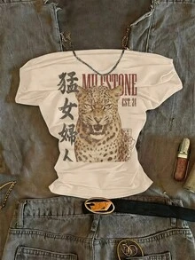 Attitoon 街頭風 90 年代夜生活上衣，豹紋，夏季，女款腰部抓皺方領修身短袖米白色 T 恤 - 杏色 - 查看 1