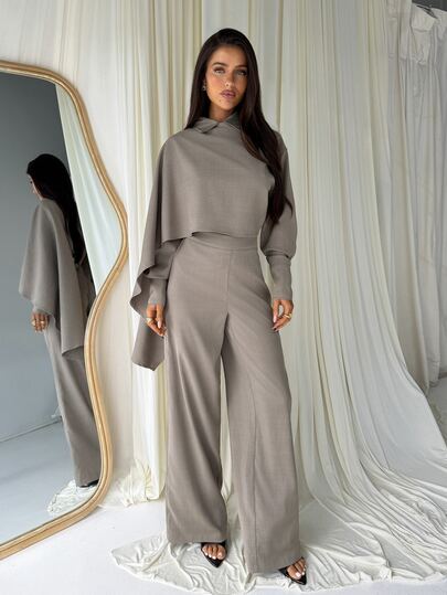Aloruh Women's Autumn/Winter New Light Khaki Elegant Fashionable Daily Commute Modern Street Casual Minimalist Charming Cape Blazer & Low Waist Straight Leg Long Pants Set
