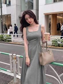 SHEIN MOD Women's Denim Effect Slim Segmentation Backless Sleeveless Cable Knit Sweater Dress - Grey - View 1