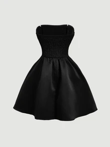 SHEIN MOD Red Side Bow Strap Bandeau Short Dress For Women - Black - View 5