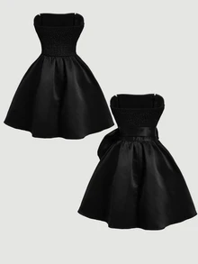 SHEIN MOD Red Side Bow Strap Bandeau Short Dress For Women - Black - View 7