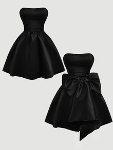SHEIN MOD Red Side Bow Strap Bandeau Short Dress For Women - Black - View 6