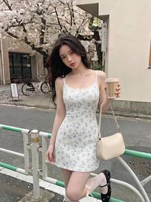 SHEIN MOD Women's Ditsy Floral Lace Trim Mini Knitted Dress, Summer Mini Dress - Baby Blue - View 1