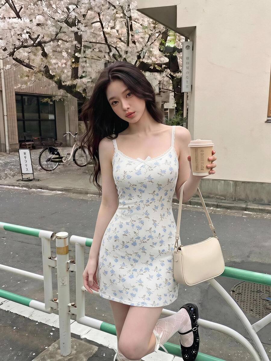 SHEIN MOD Women's Ditsy Floral Lace Trim Mini Knitted Dress, Summer Mini Dress - Baby Blue - View 1